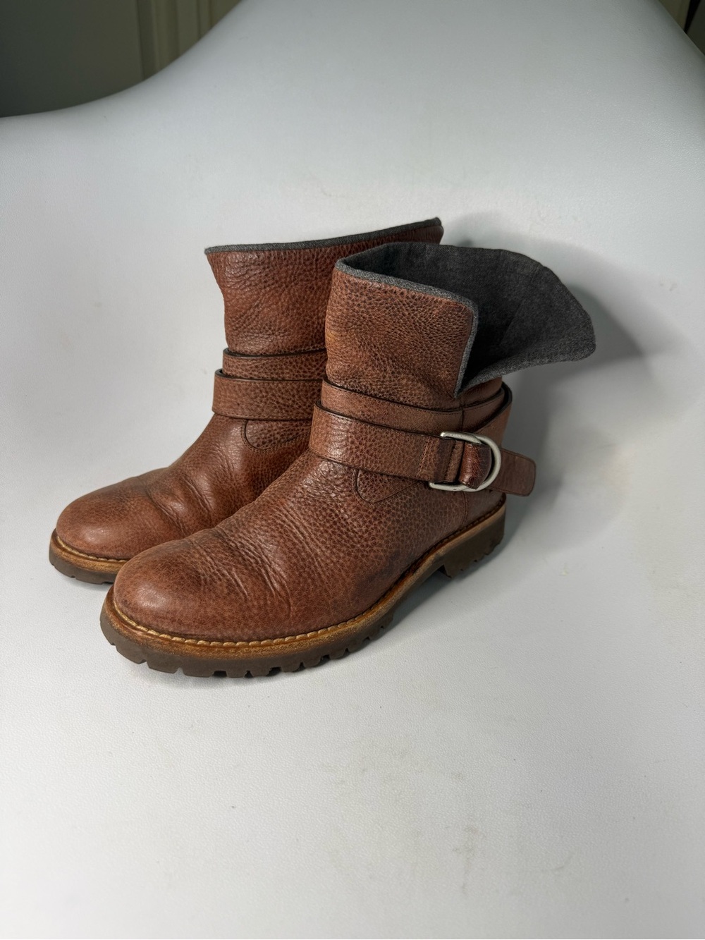 Brunello Cucinelli Made in Italy Leather Harness Ankle Boots Vibram Sole 37